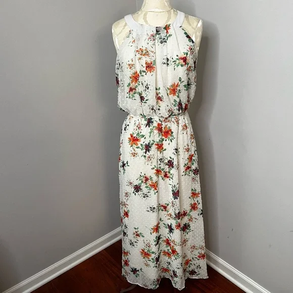Robbie Bee Women Size 10P Chiffon Maxi Dress White Floral Lined Round Neckline - Picture 2 of 10